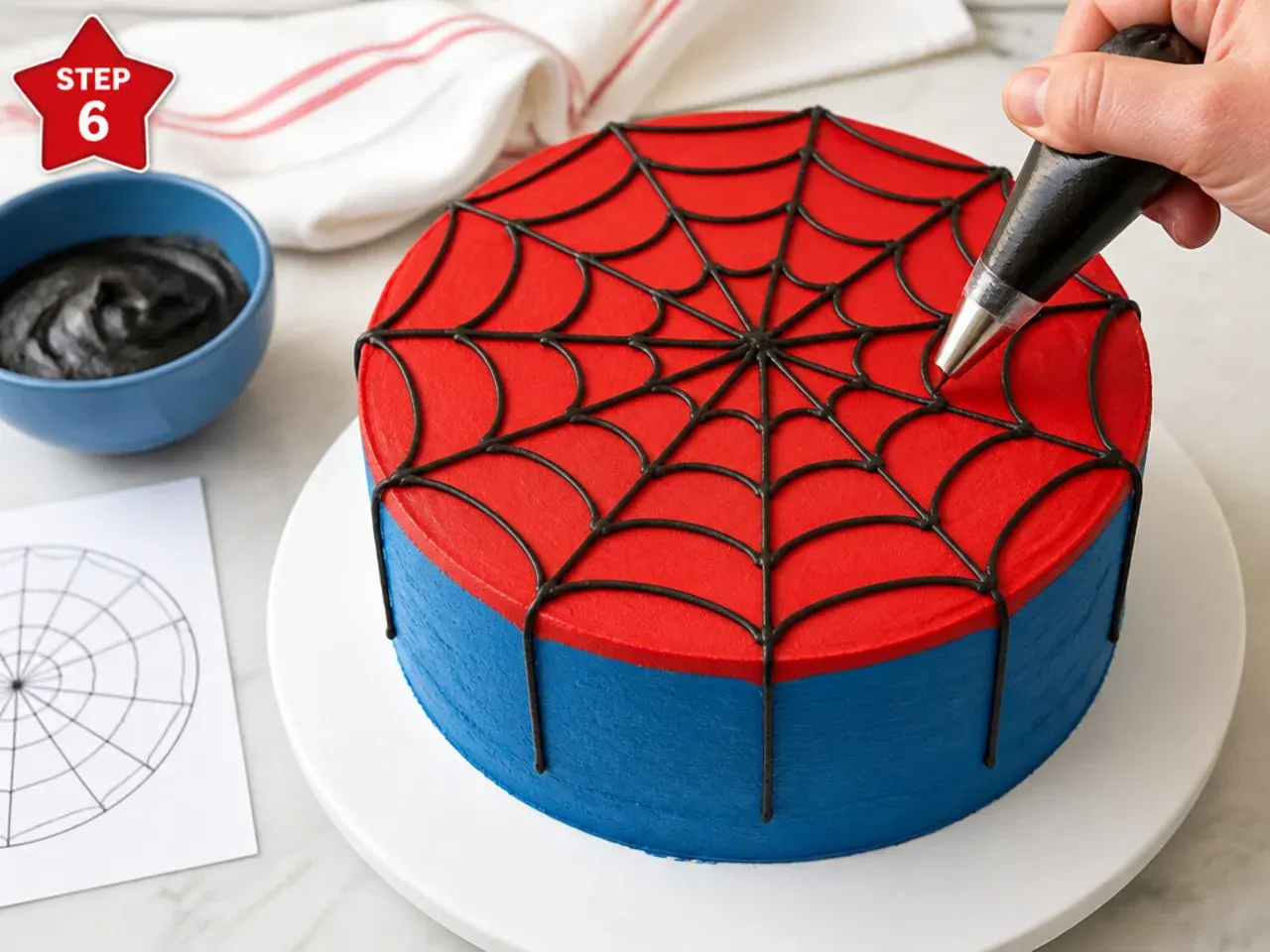 homemade spiderman cake — step 6: map and pipe the web