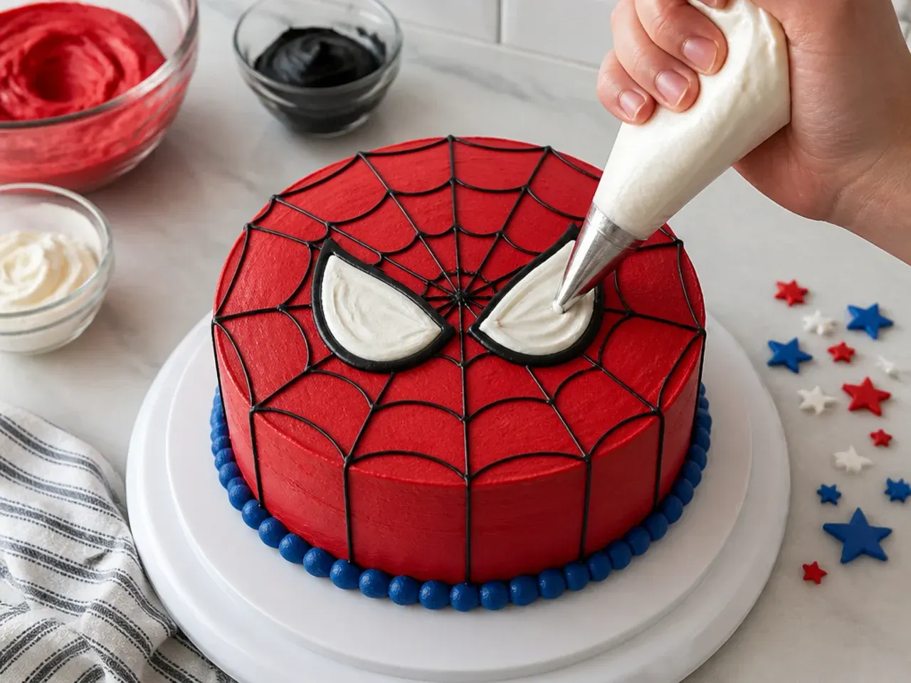homemade spiderman cake — step 7: pipe the eye shapes and finish
