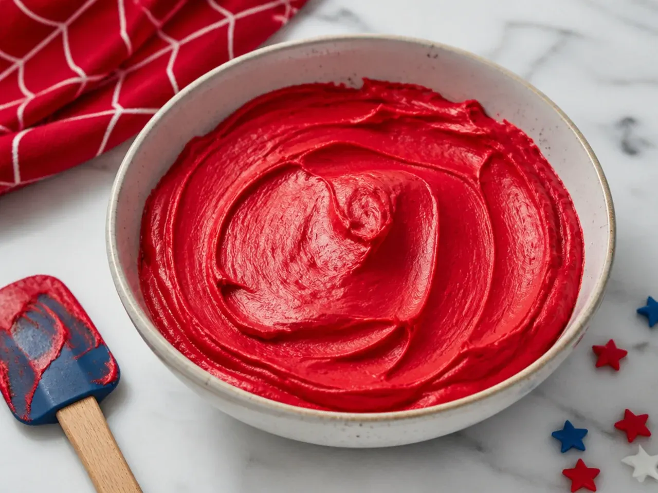 Bowl of deep red buttercream for a homemade Spiderman cake resting to darken overnight