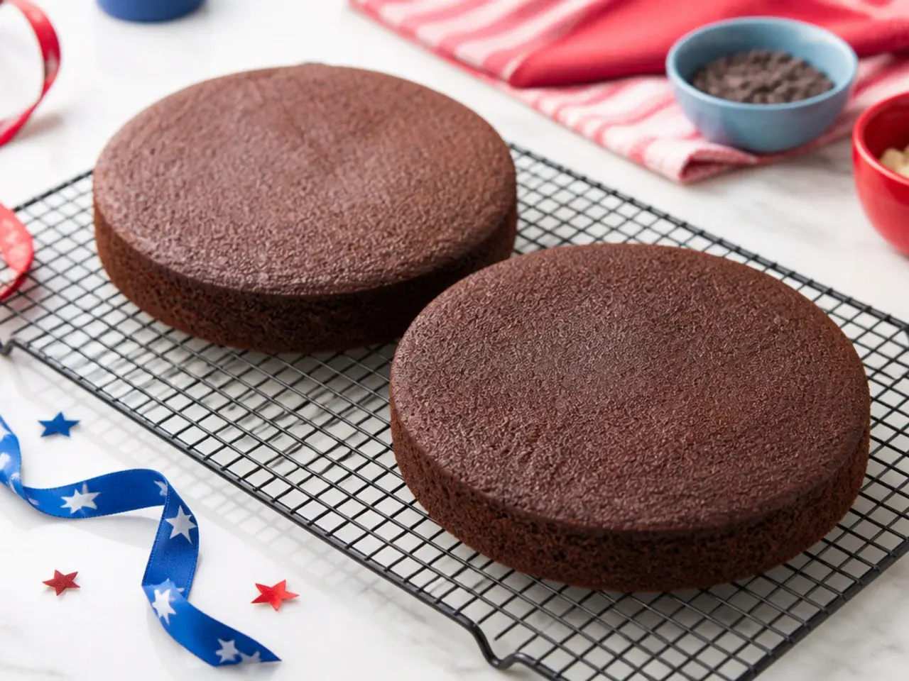 Two chilled chocolate cake layers cooling on a rack for a homemade Spiderman birthday cake