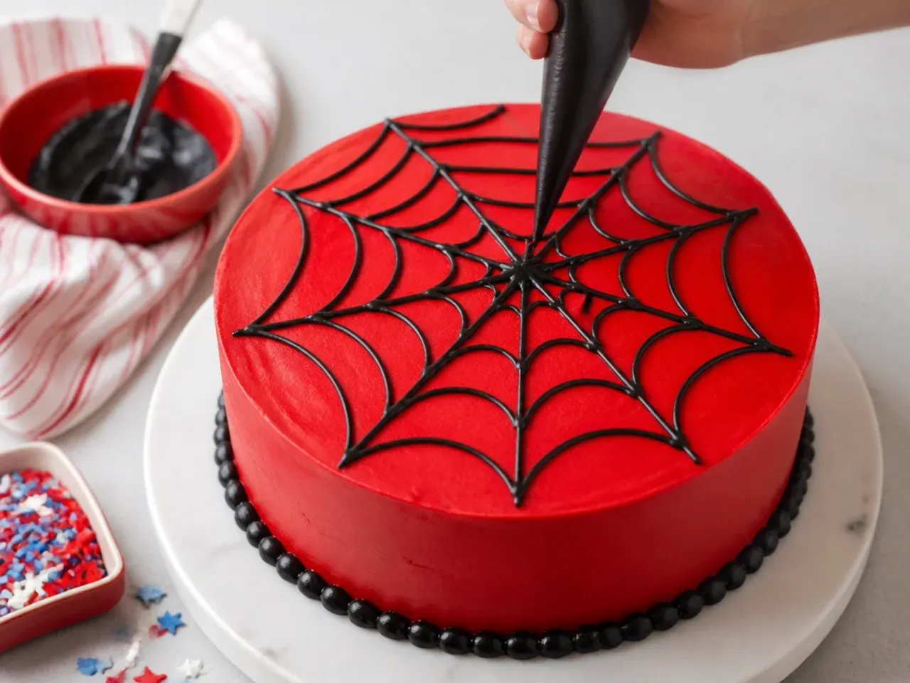 Piping a black spiderweb pattern over red frosting on a homemade Spiderman cake