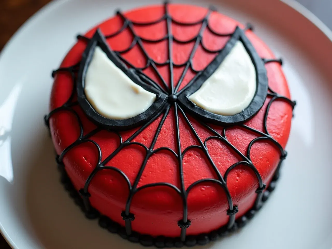 White teardrop eye shapes piped and outlined in black on a homemade Spiderman cake