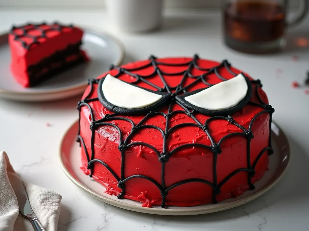 Finished homemade Spiderman cake with red frosting, black web and white eye shapes ready to serve