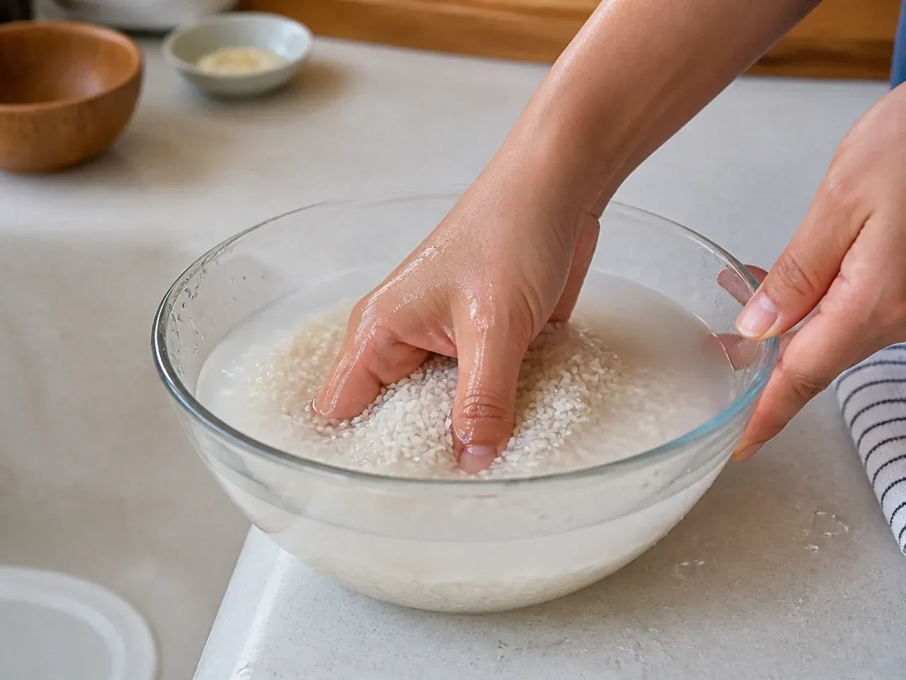 homemade sushi bowl — step 1: rinse the rice