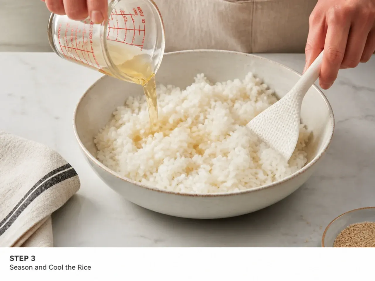 homemade sushi bowl — step 3: season and cool the rice