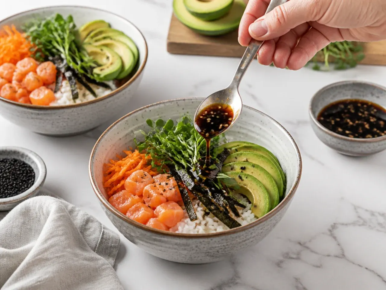 homemade sushi bowl — step 7: assemble the bowls