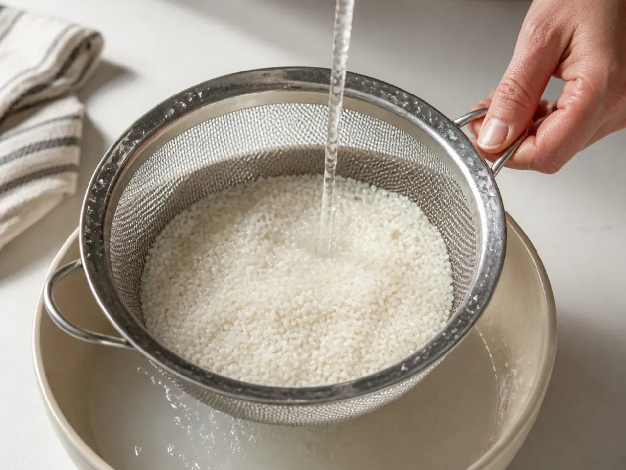 Rinsing short-grain rice for a homemade sushi bowl until the water runs clear