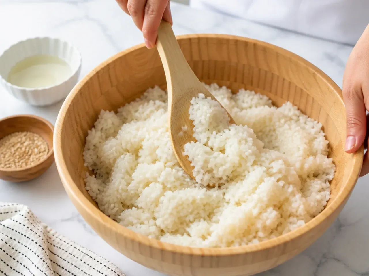 Folding vinegar seasoning into hot sushi rice for homemade sushi bowls