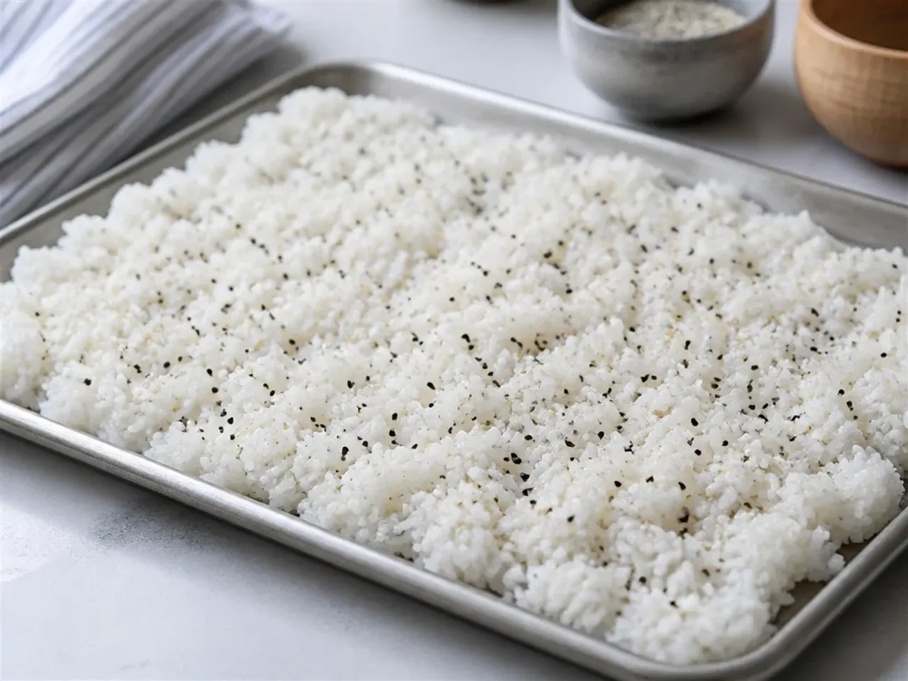 Seasoned sushi rice cooling on a tray before assembling a sushi bowl