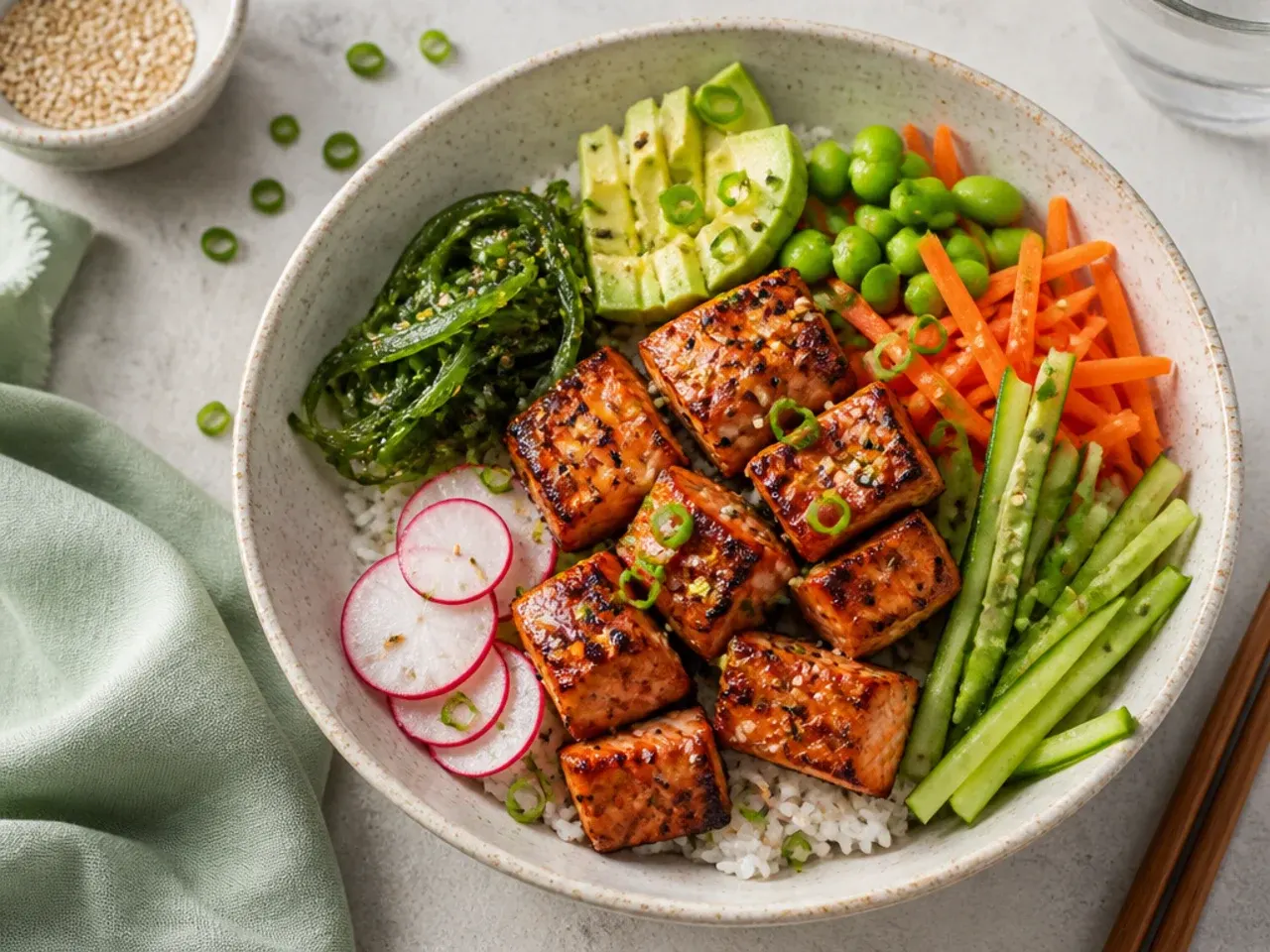 Seared soy salmon cubes as the protein for an easy homemade sushi bowl