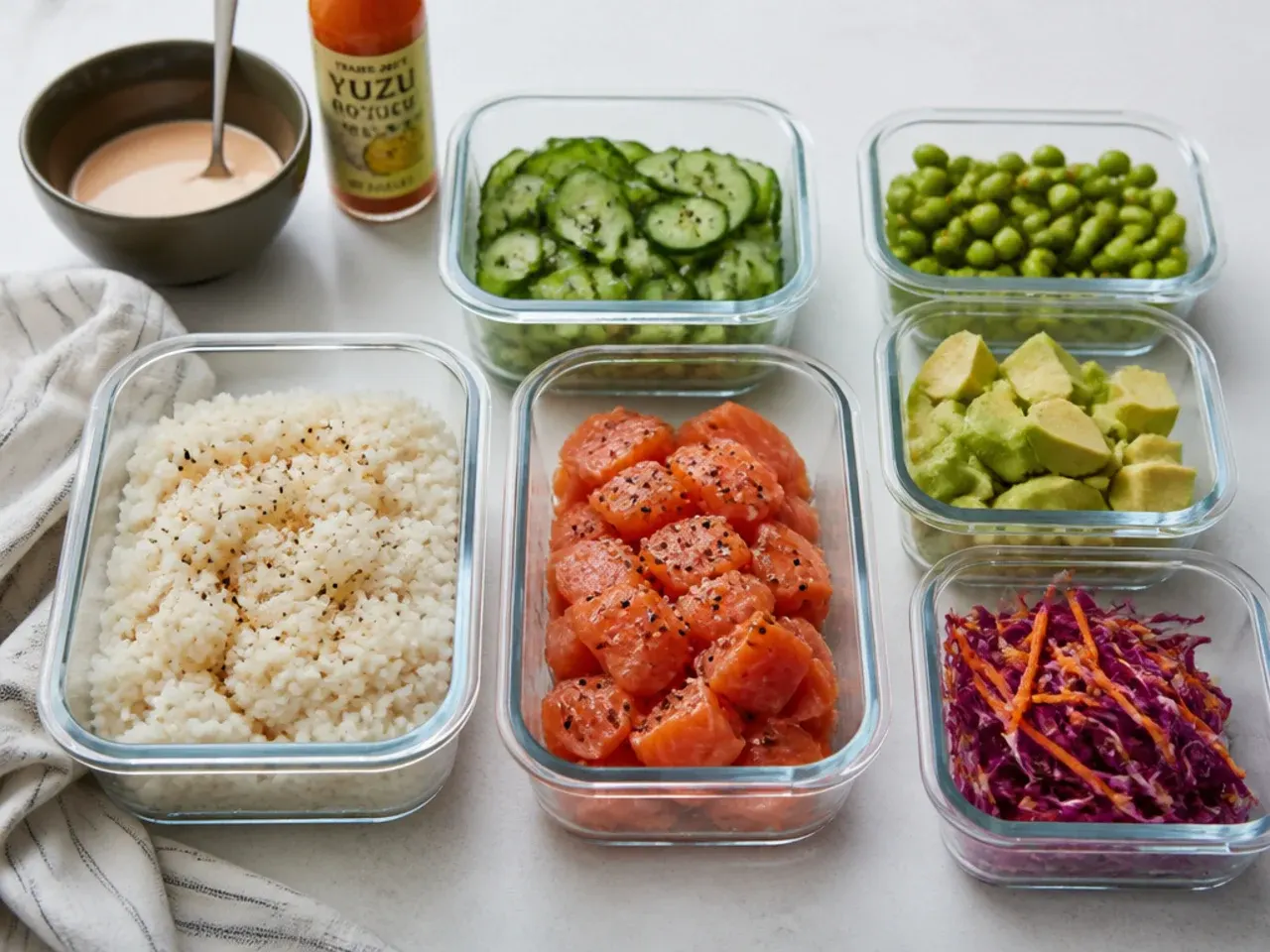 Sushi bowl meal prep with rice, salmon, and vegetables stored in separate containers