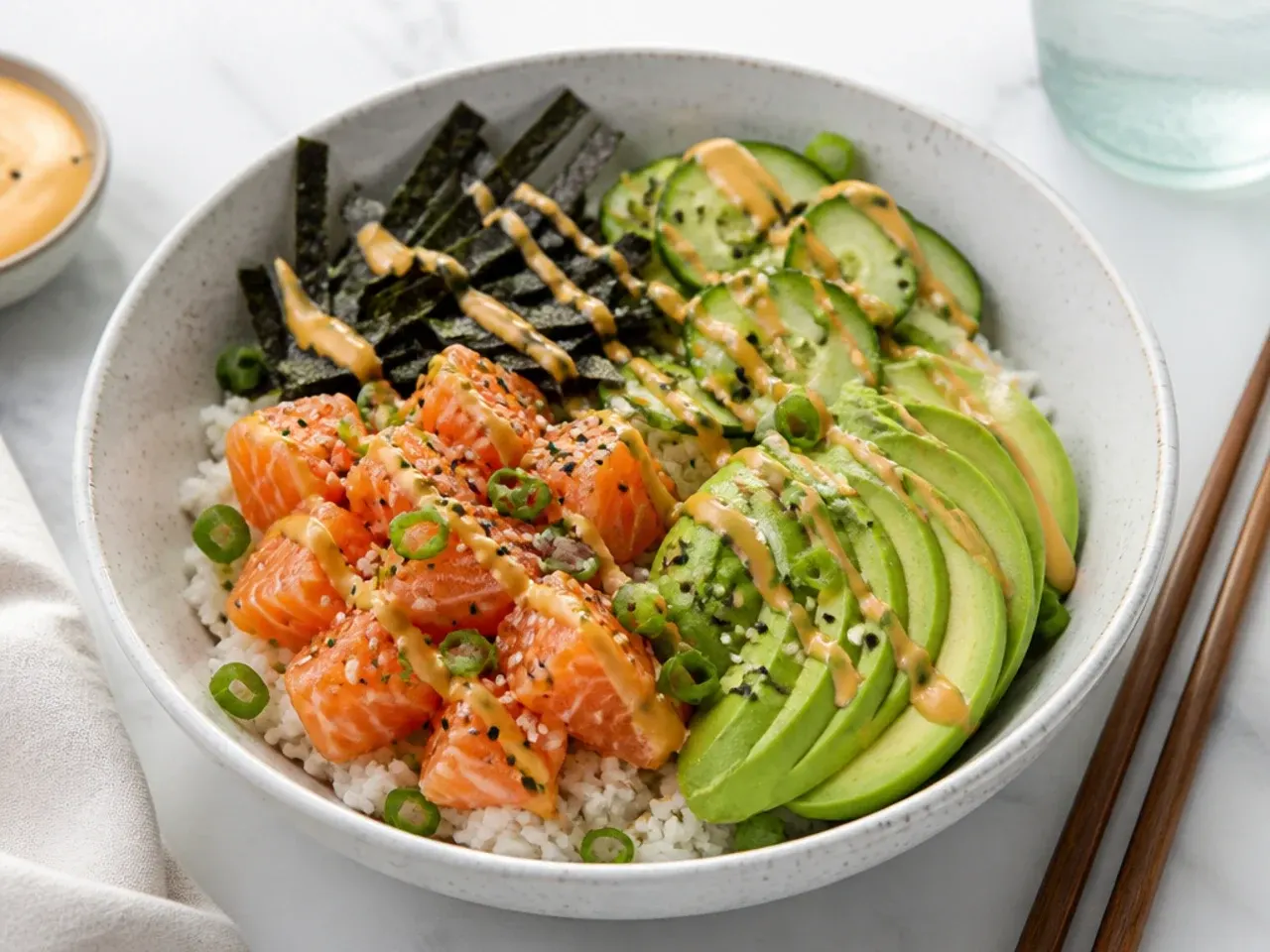 Finished homemade sushi bowl with salmon, avocado, cucumber, nori, and spicy mayo