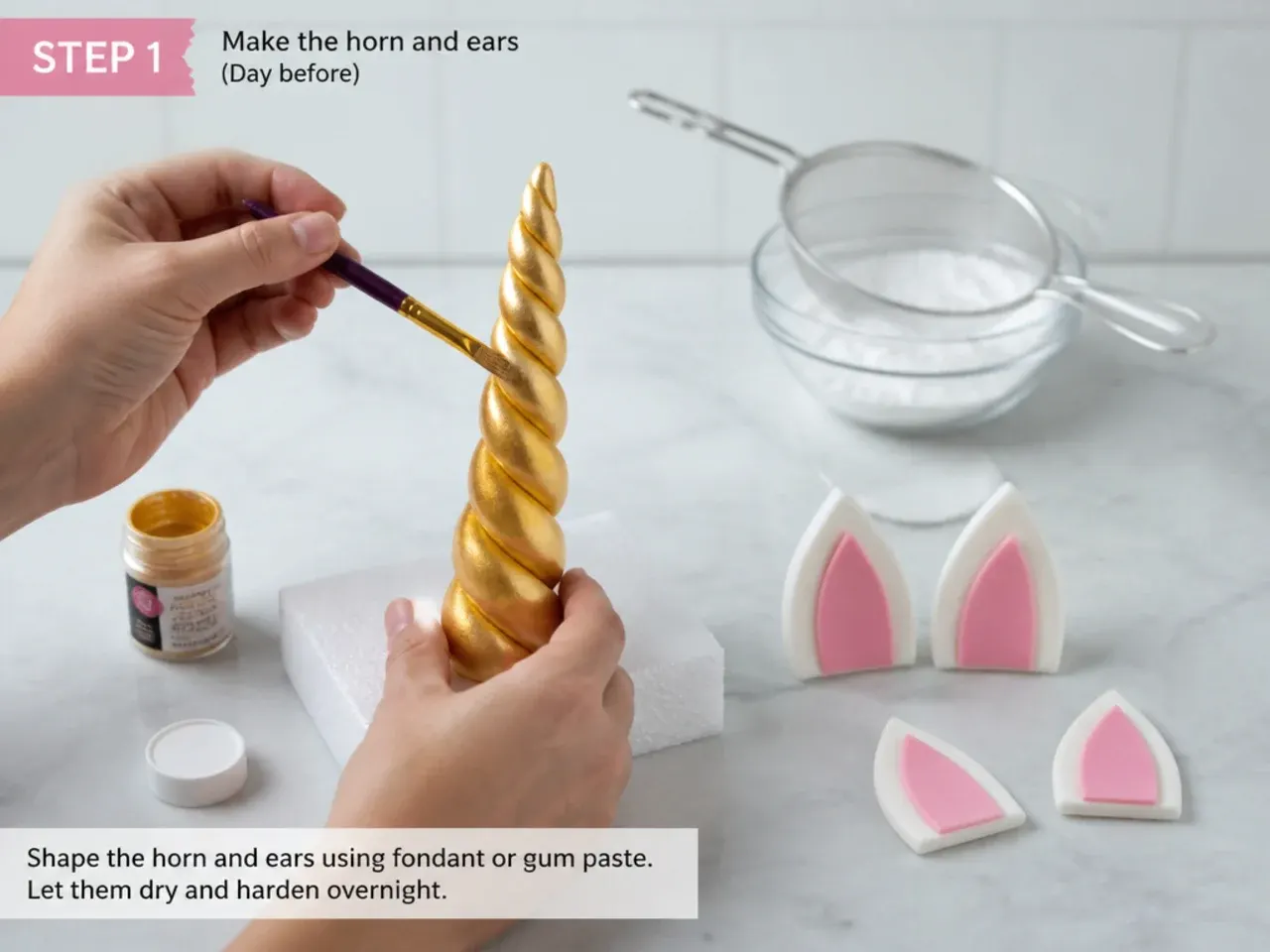 homemade unicorn cake — step 1: make the horn and ears (day before)