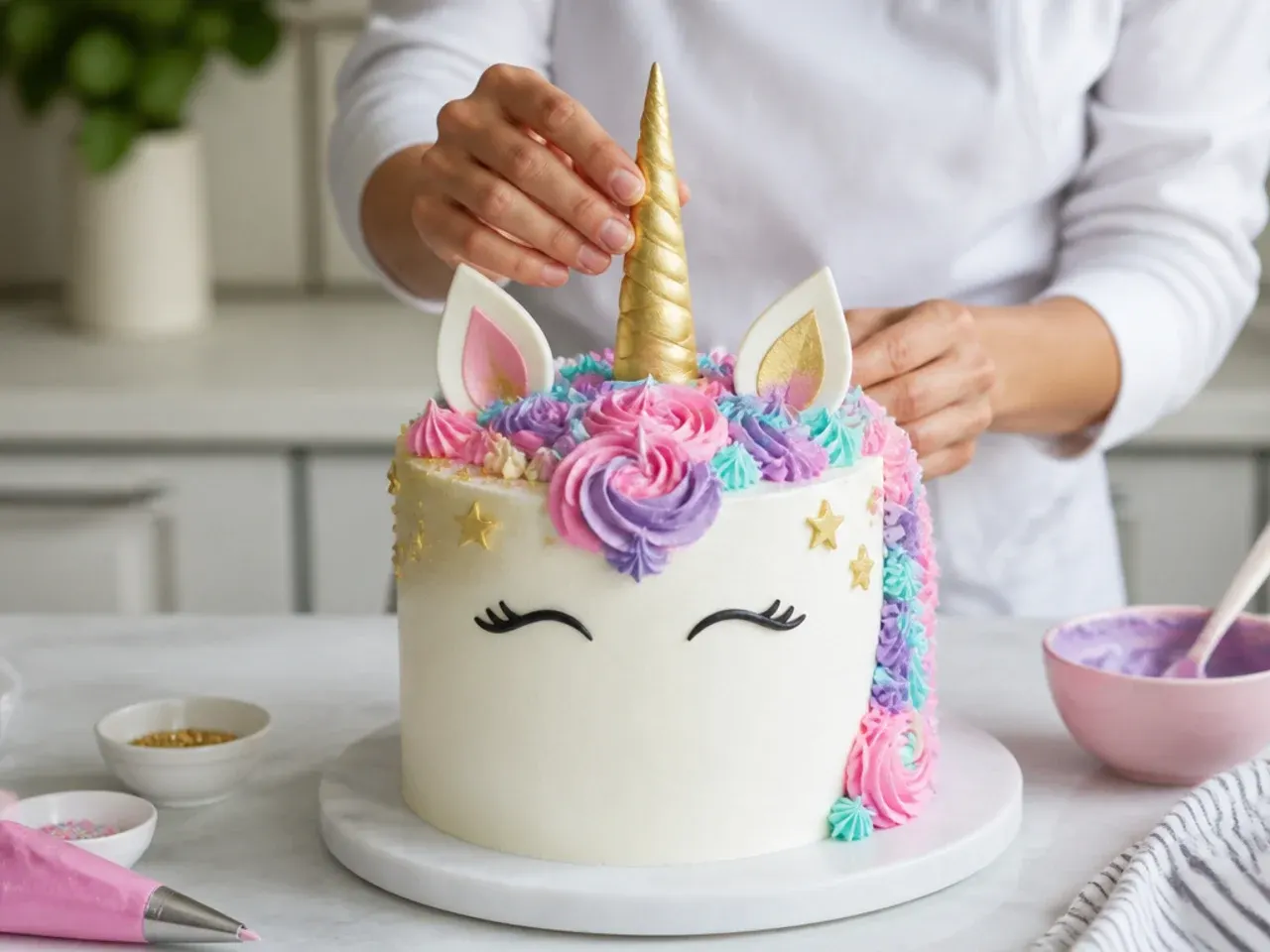 homemade unicorn cake — step 6: add the horn, ears and mane