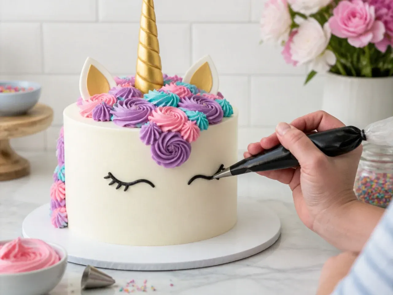 homemade unicorn cake — step 7: pipe the eyes and finish