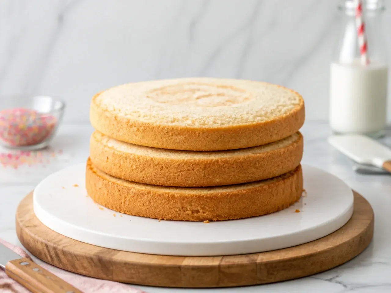 Frozen vanilla cake layers being levelled and stacked for a DIY unicorn cake