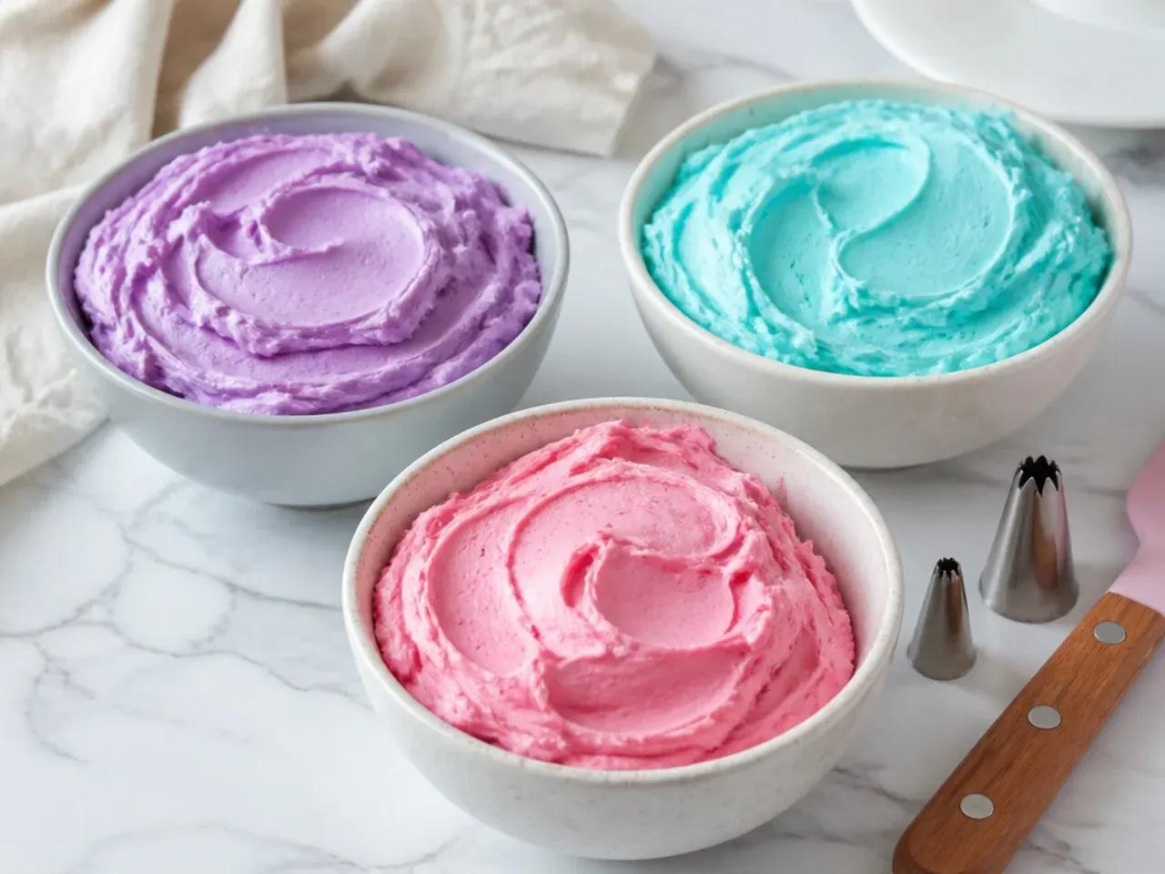Bowls of stiff pastel buttercream tinted pink, purple and teal for a unicorn birthday cake