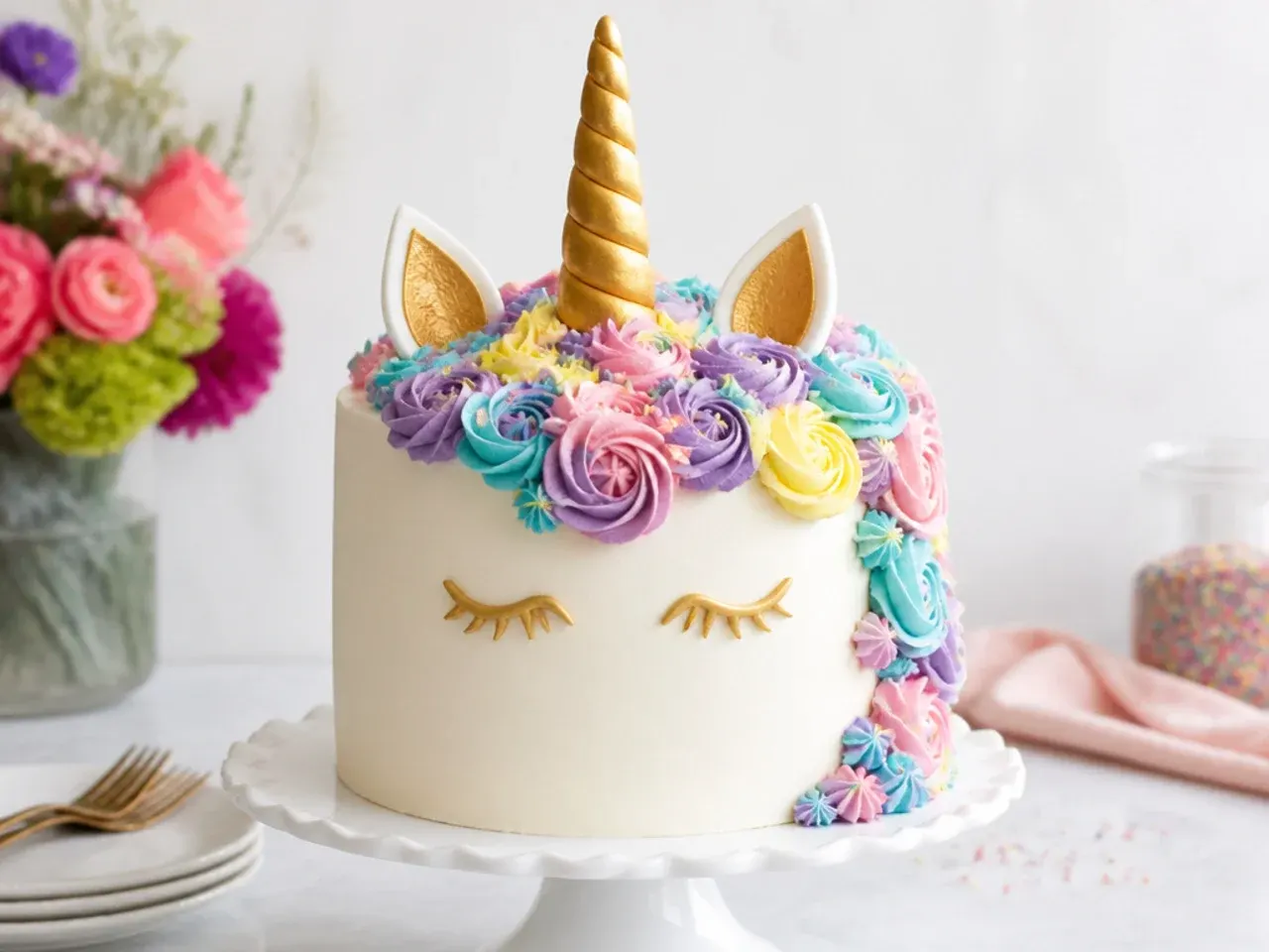 Finished homemade unicorn cake with gold horn, ears and pastel buttercream mane