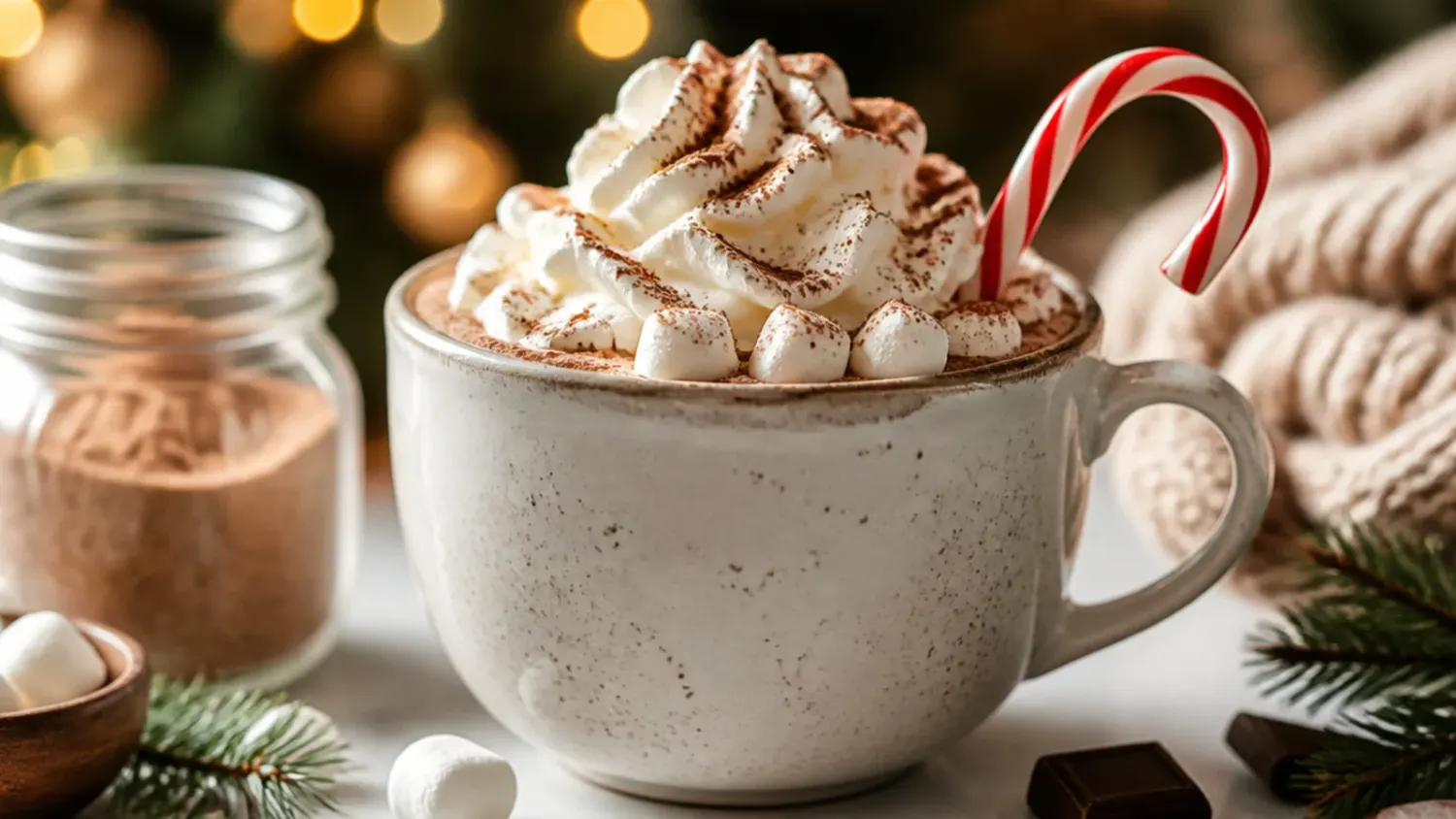 Mason jars filled with layered dry hot chocolate mix beside two steaming mugs topped with marshmallows