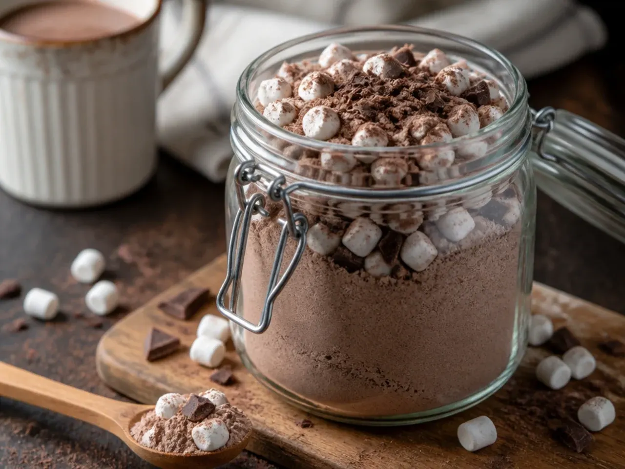 Overhead shot of dry hot chocolate mix ingredients including cocoa powder, milk powder and sugar in bowls