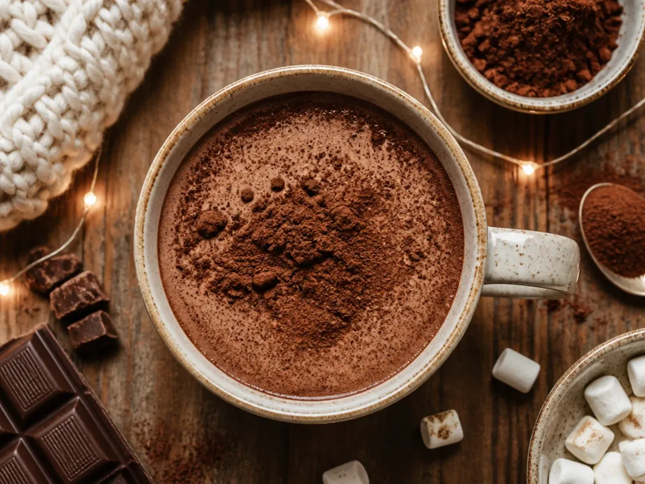 Jar of classic cocoa hot chocolate mix with a wooden spoon resting beside a steaming mug
