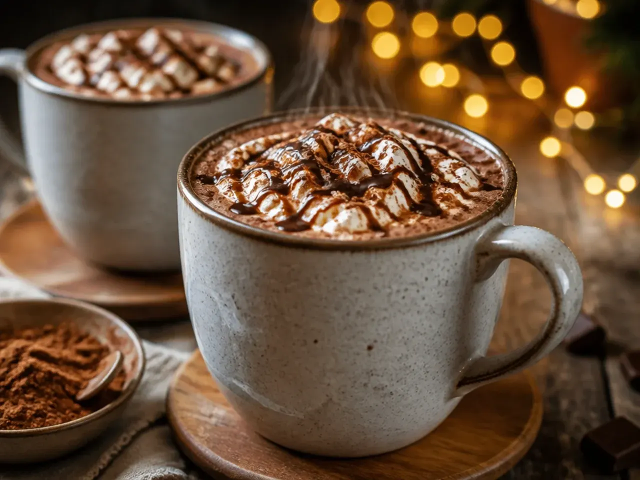 Small glass jar of easy three-ingredient hot chocolate mix with a measuring spoon