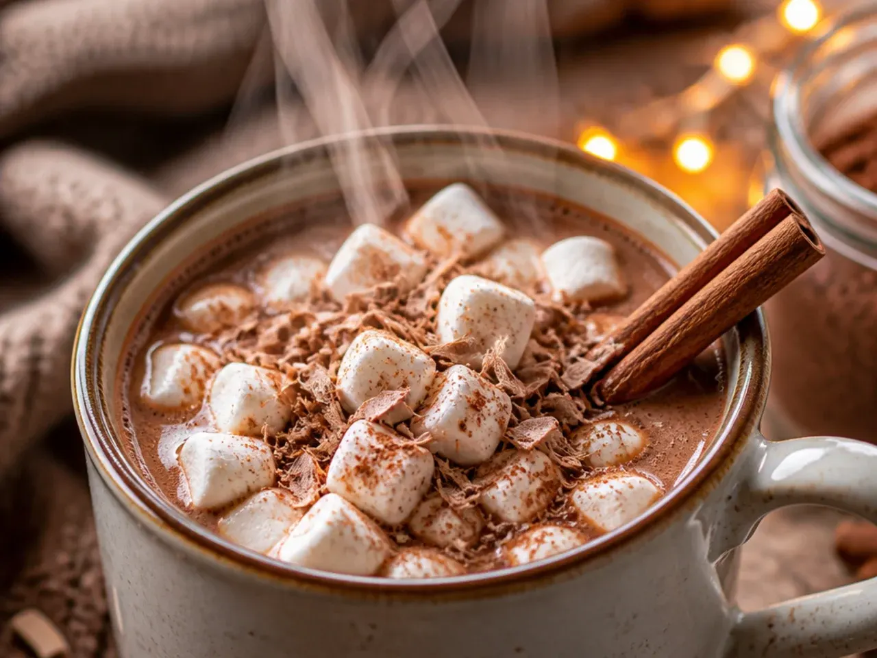 Mug of cinnamon spice hot chocolate with a cinnamon stick garnish on a wooden table