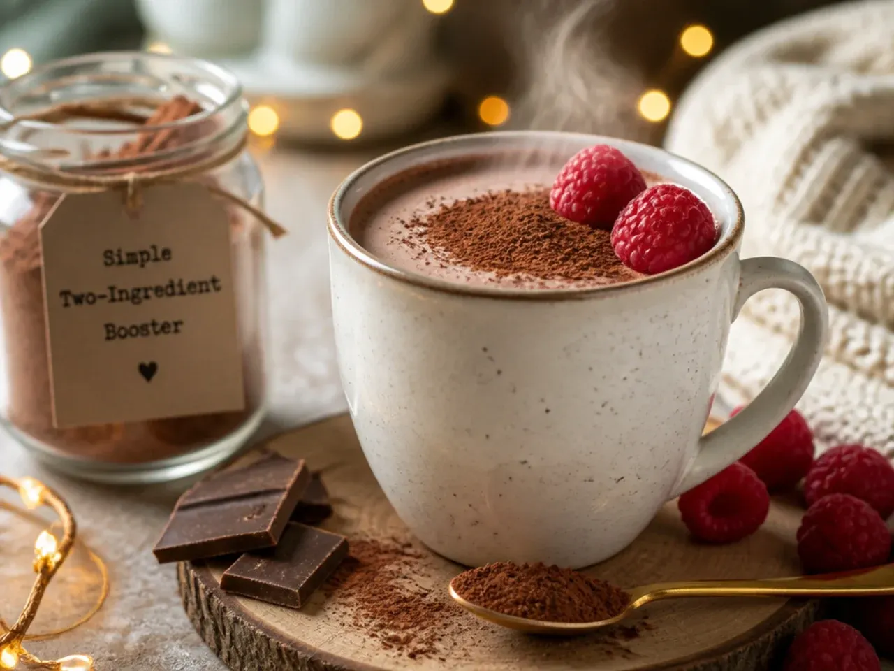 Hand pouring dark chocolate chips into a jar of hot chocolate mix