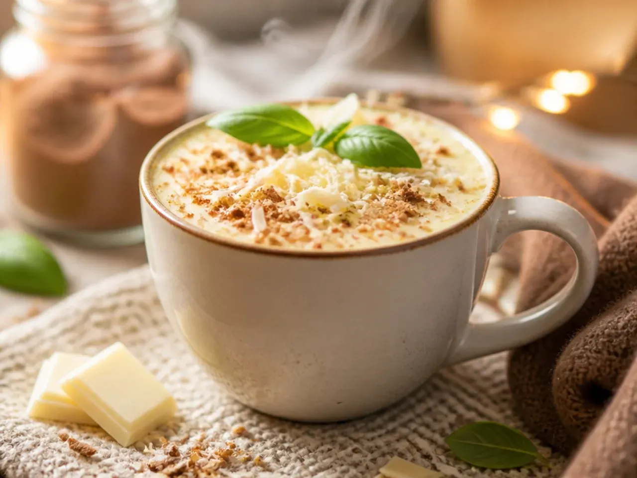 Creamy white hot chocolate in a glass mug topped with white chocolate curls