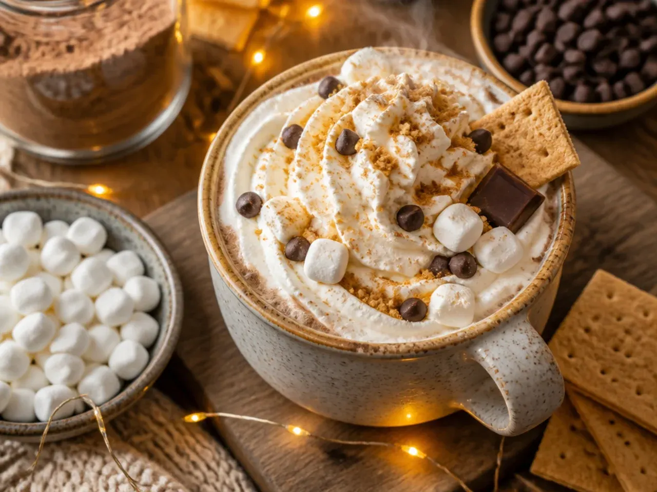 Mug of s'mores hot chocolate topped with toasted marshmallows and crushed biscuit