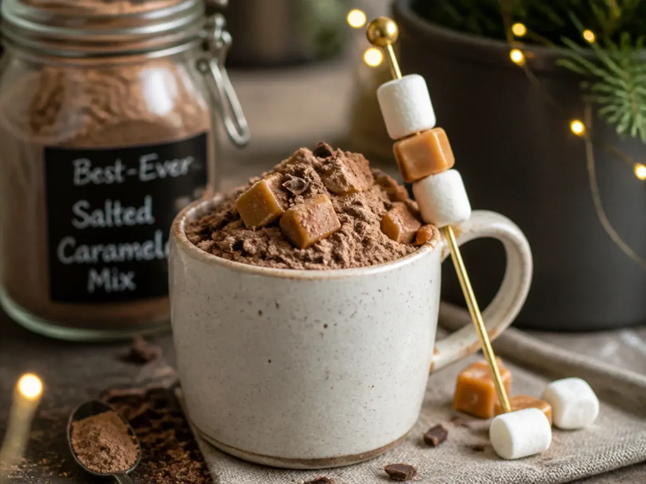 Mug of salted caramel hot chocolate with caramel drizzle and flaky salt on top
