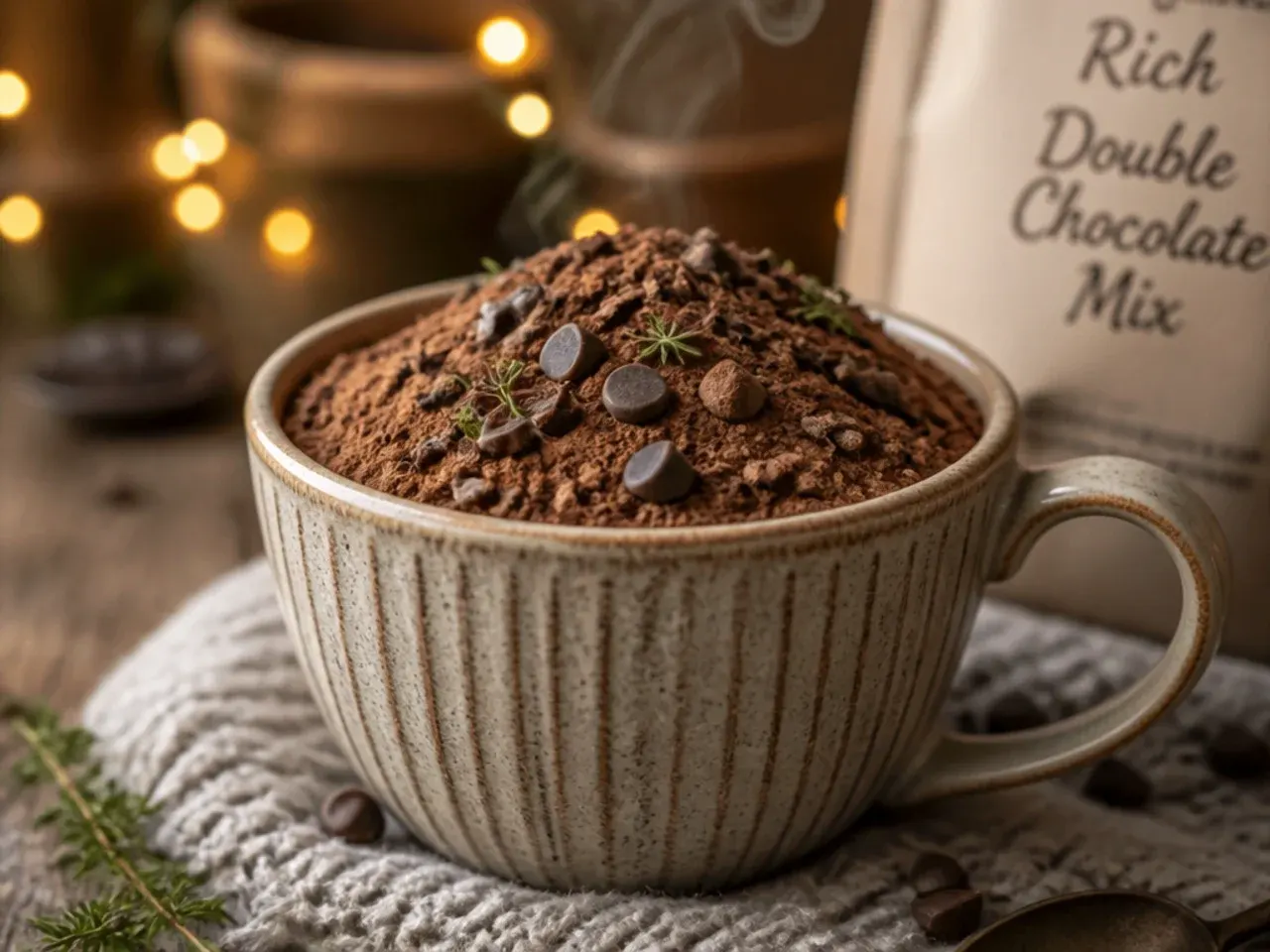 Jar of double chocolate hot chocolate mix with visible chocolate chunks