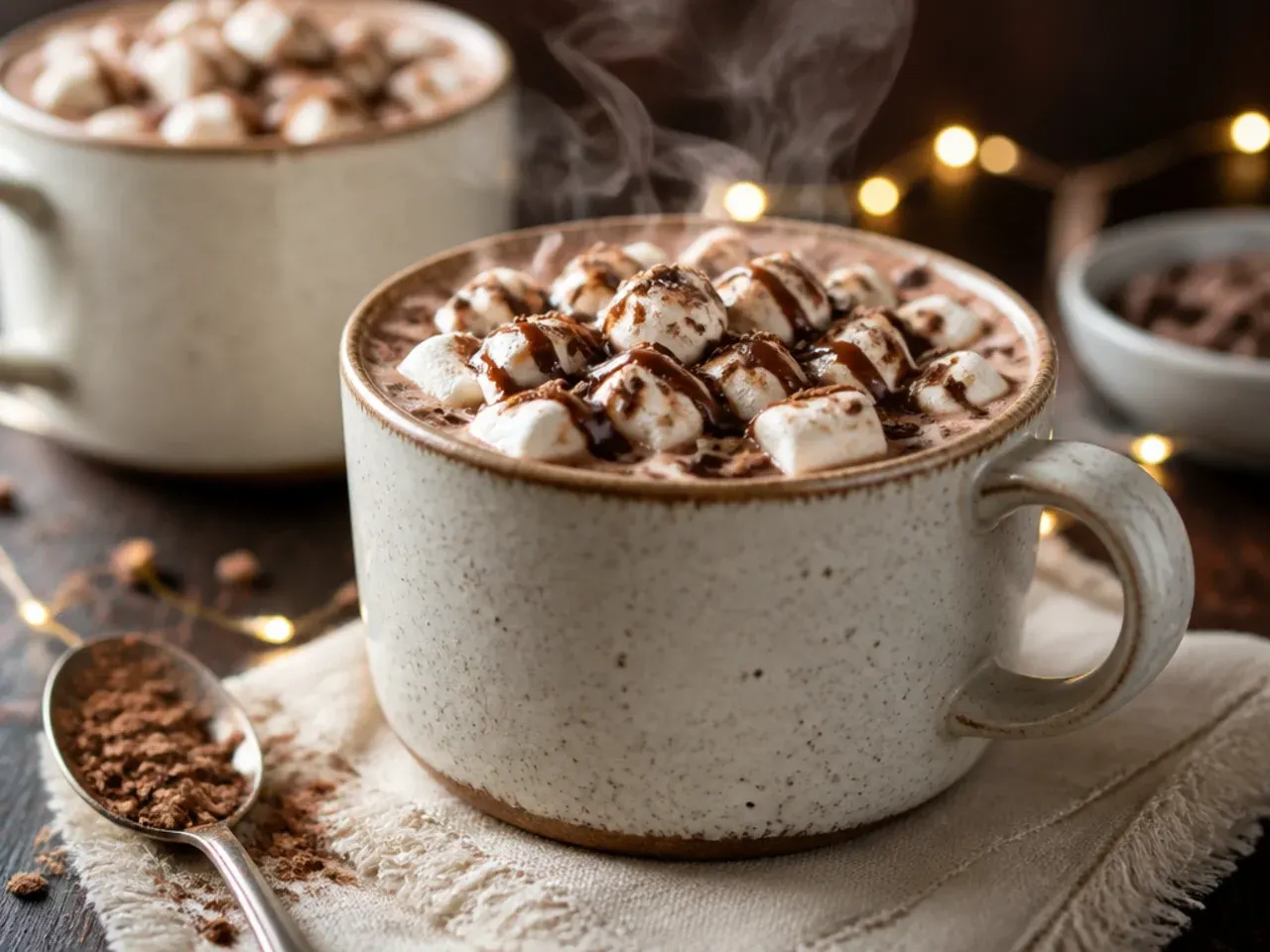 Hot chocolate bar spread with a jar of mix and small bowls of toppings and spices