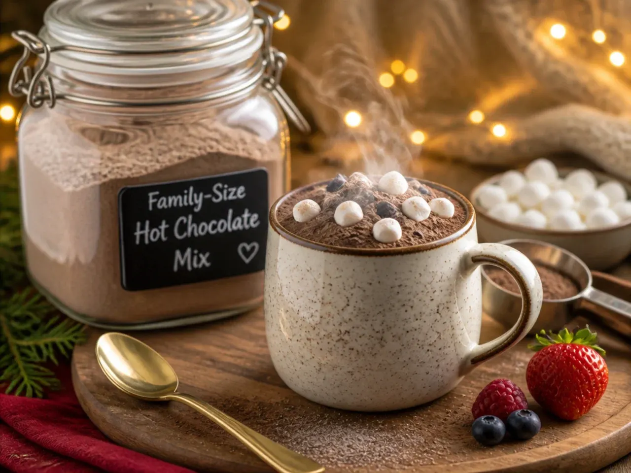 Large storage container of family-size hot chocolate mix with a measuring cup