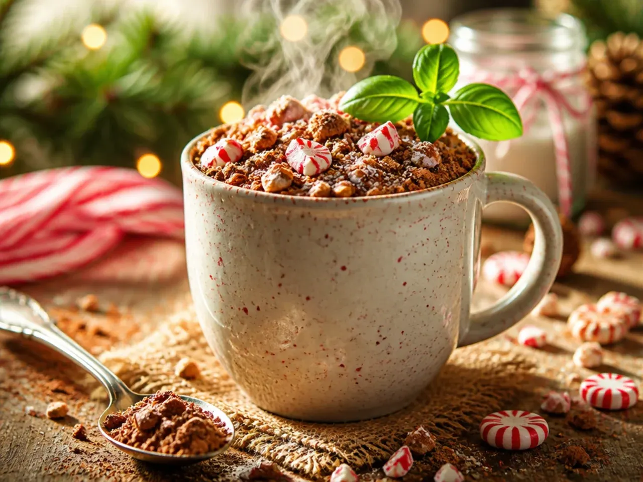 Mug of peppermint hot chocolate topped with crushed candy cane pieces