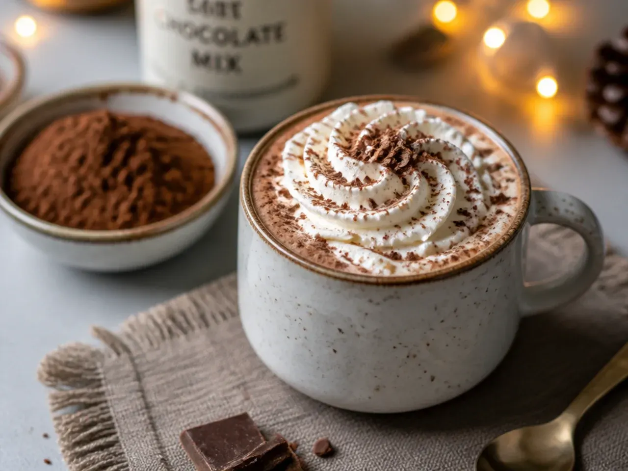 Individual paper sachets of hot chocolate mix arranged next to a travel mug