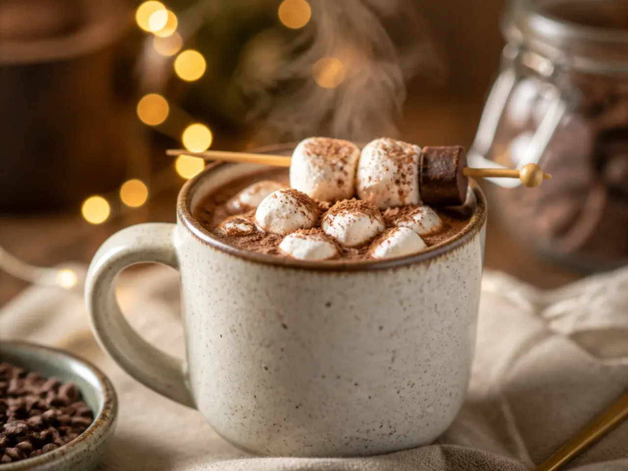 Rustic homemade hot chocolate mix in a kilner jar with raw cacao powder scattered nearby