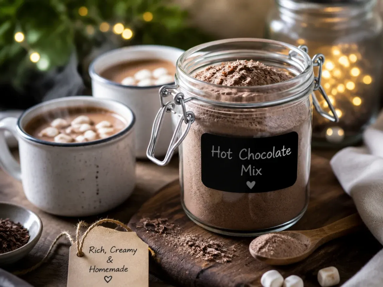 Finished mug of hot chocolate topped with whipped cream and chocolate shavings