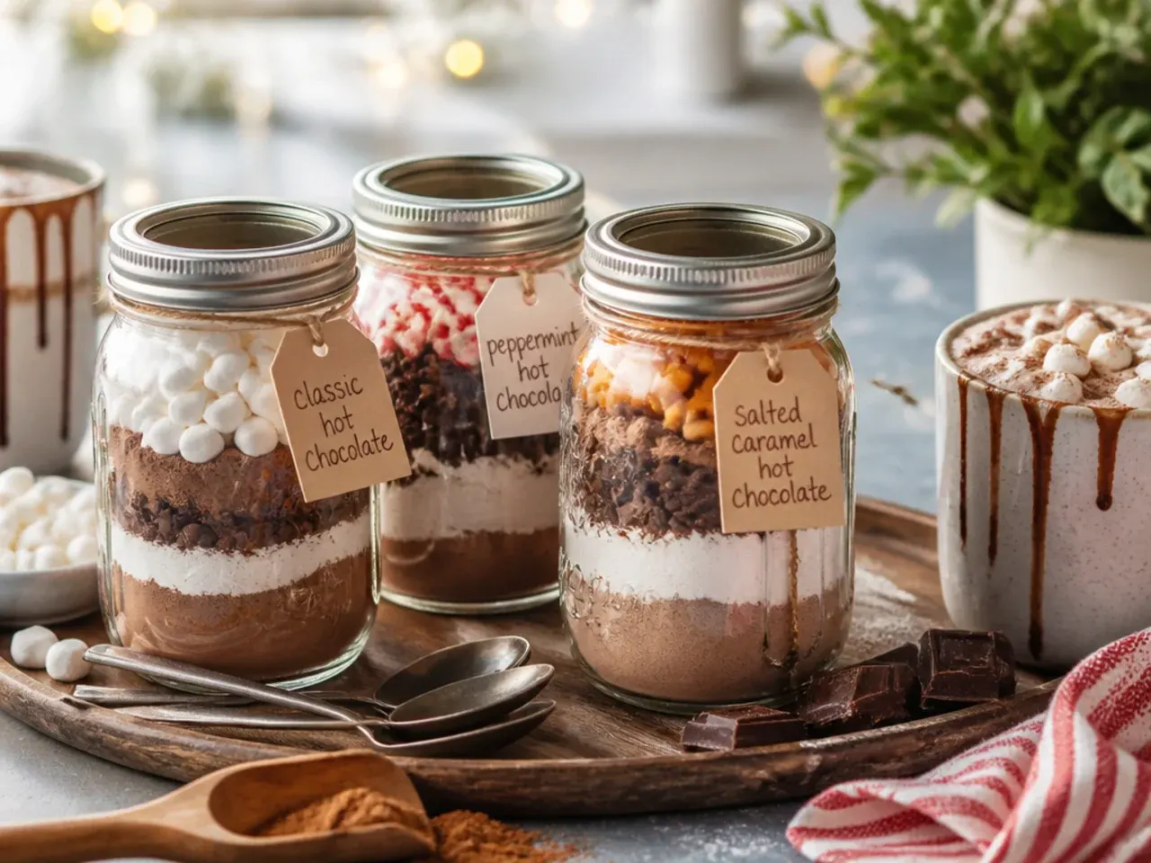 Row of labelled hot chocolate mix jars stored on a pantry shelf