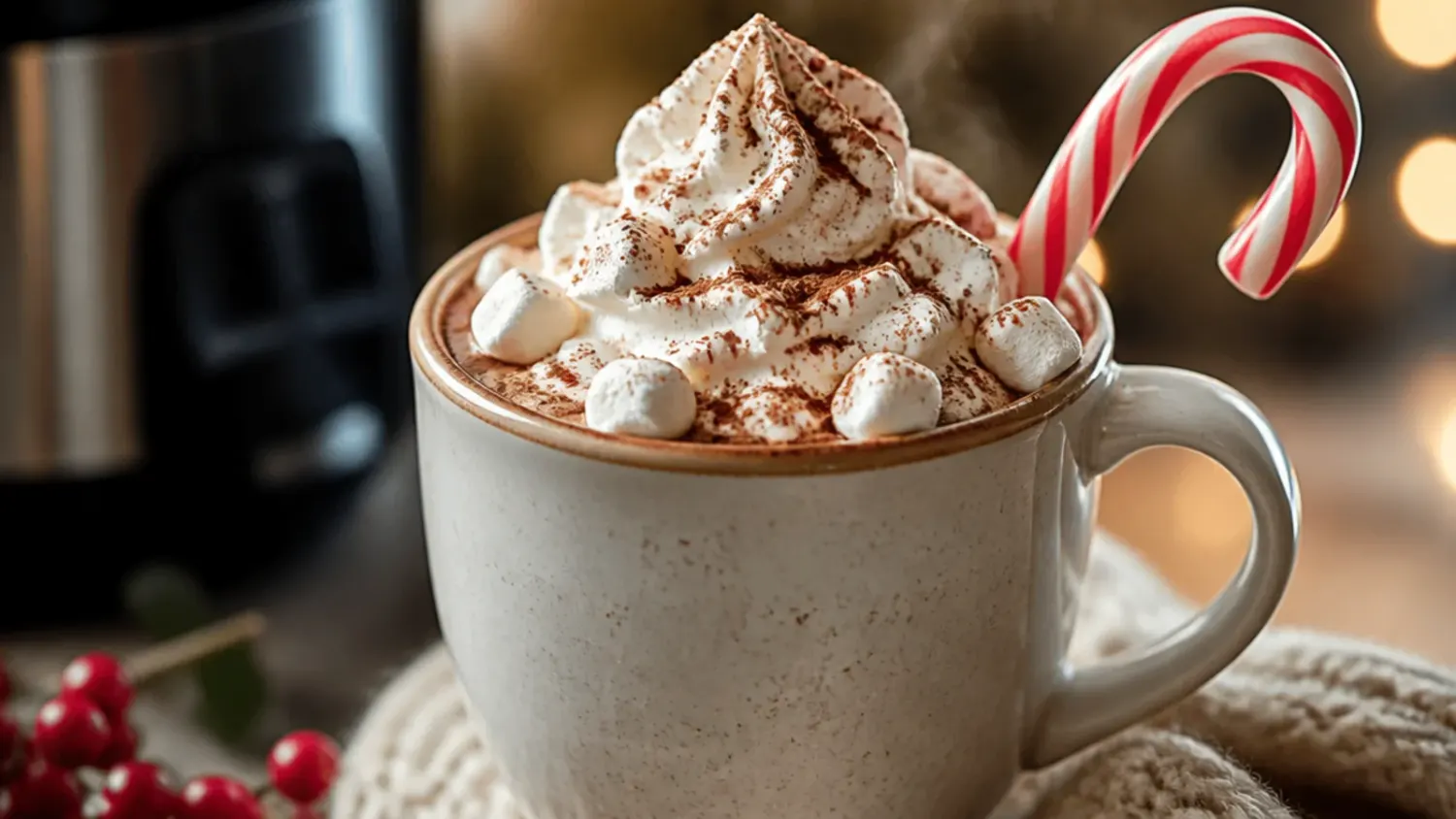 A crock pot filled with creamy hot chocolate, ladle resting on the side, surrounded by mugs topped with whipped cream and marshmallows