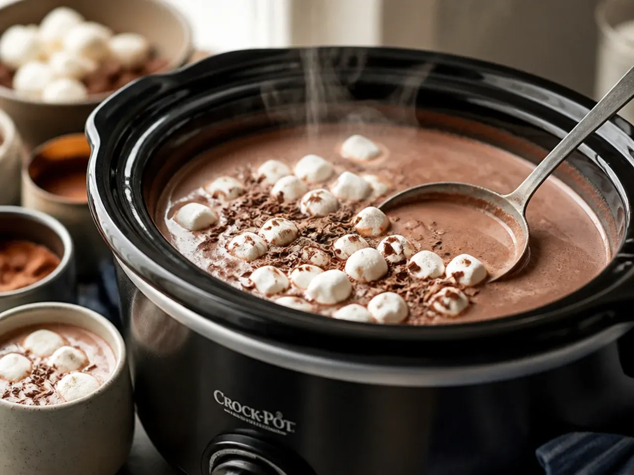 Overhead shot of a slow cooker of hot chocolate with a ladle and stack of empty mugs nearby