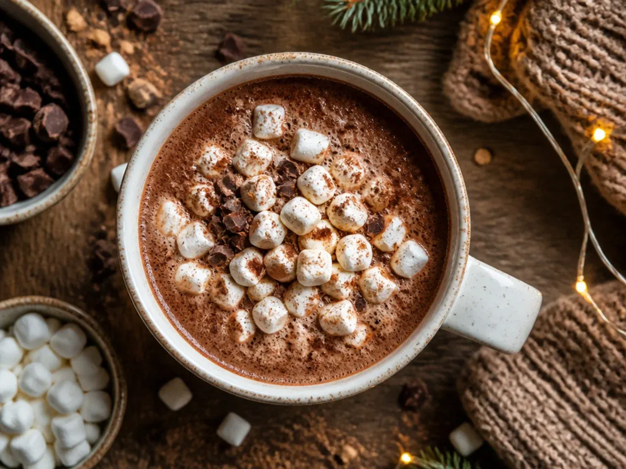 Mug of classic hot chocolate with a light layer of froth, ladle dipping into a crock pot in the background