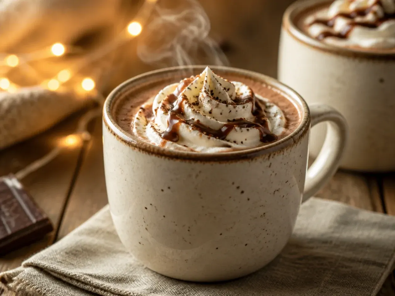 Simple mug of hot chocolate next to a tin of condensed milk and a bag of chocolate chips