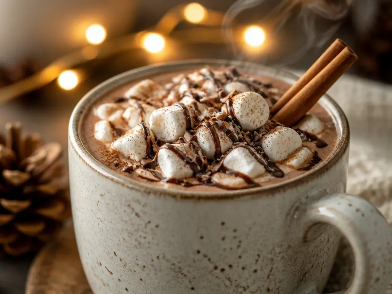 Mug of cinnamon hot chocolate garnished with a cinnamon stick and a light dusting of ground cinnamon