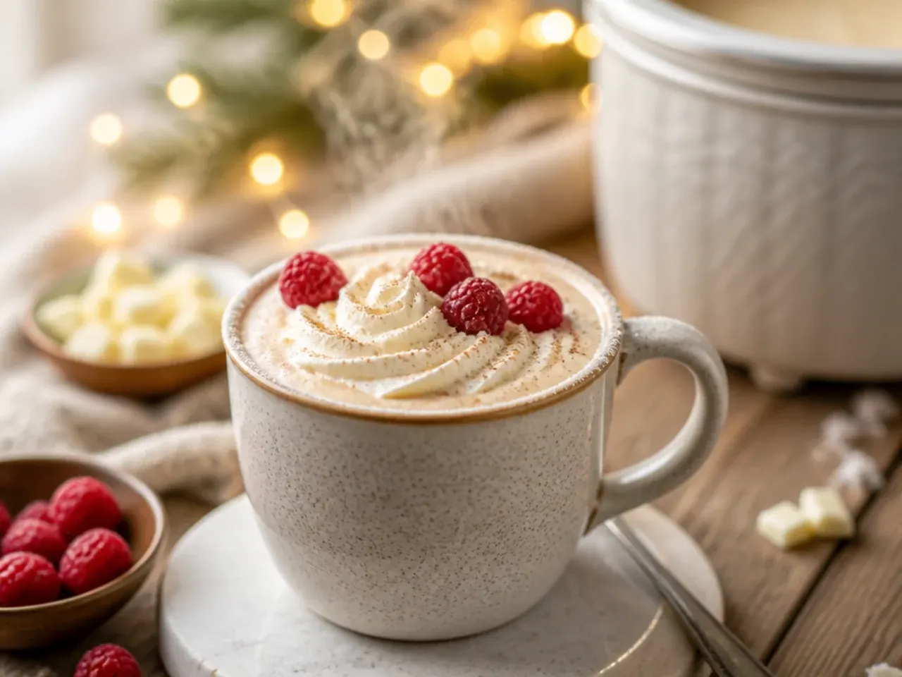 Mug of pale creamy white hot chocolate topped with white chocolate shavings