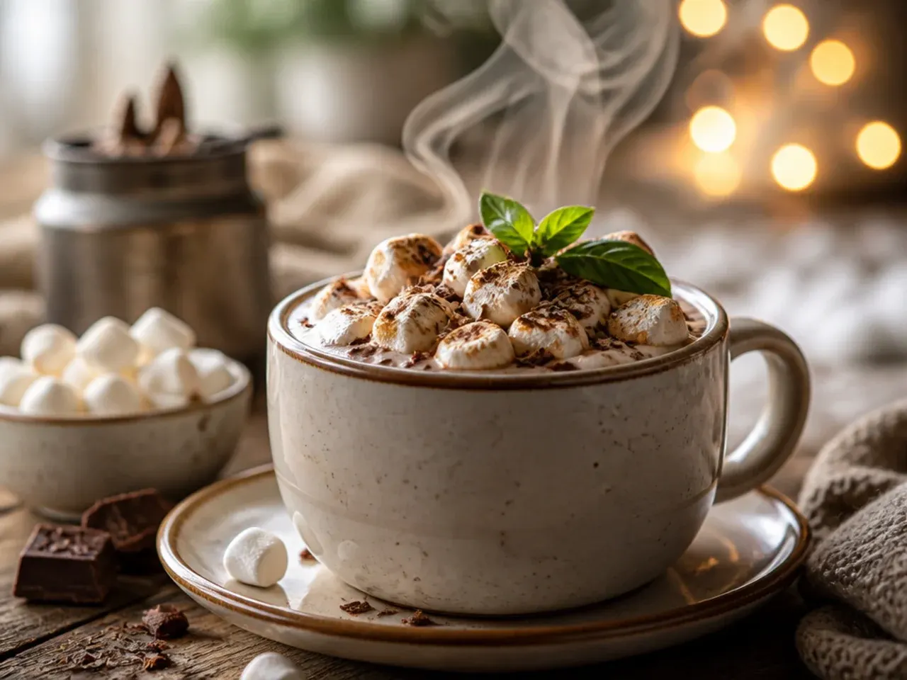 Thick, creamy hot chocolate poured into a small glass mug topped with a generous swirl of whipped cream