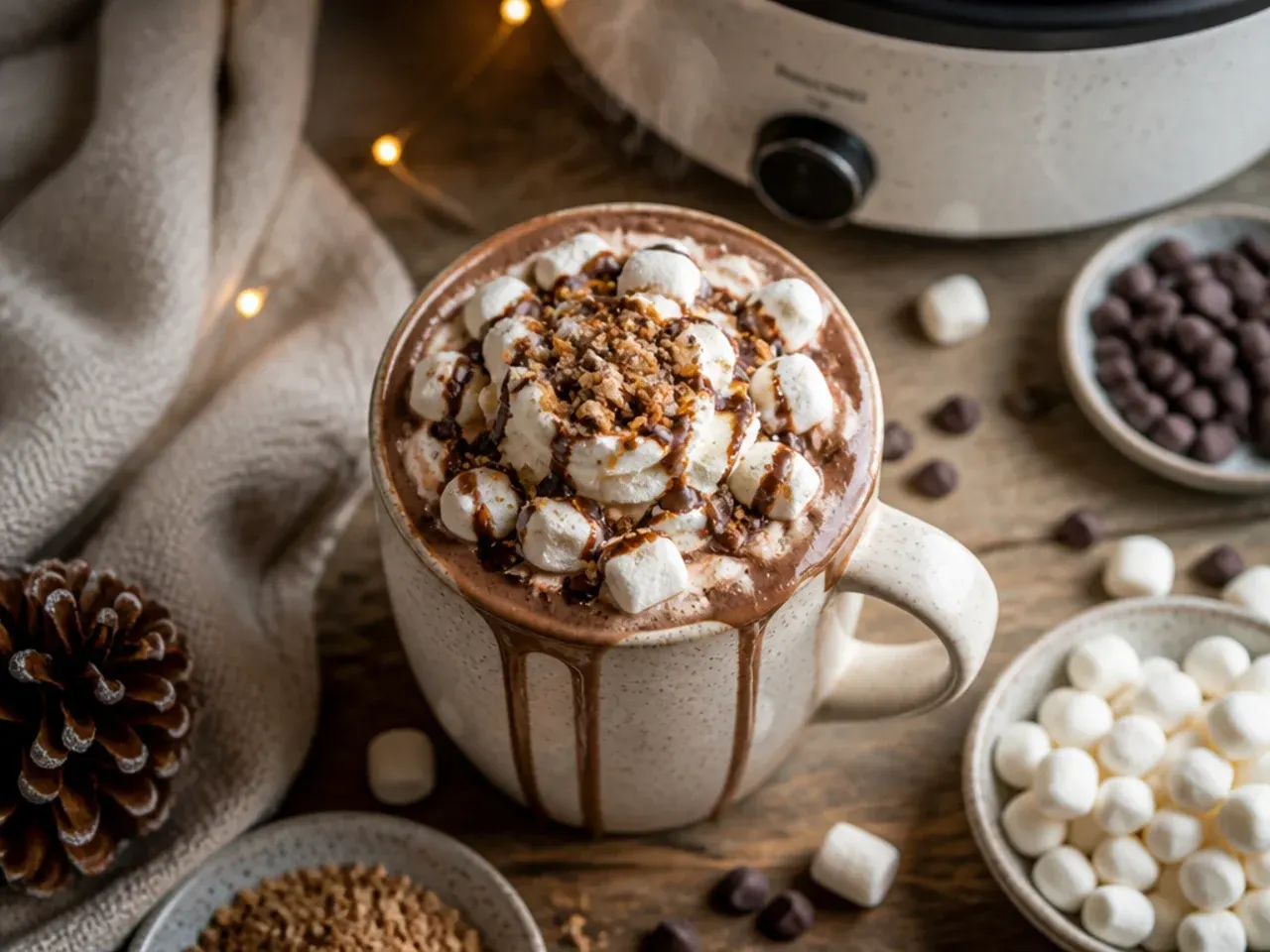 Table spread of hot chocolate toppings including marshmallows, crushed candy canes and chocolate sauce next to a crock pot
