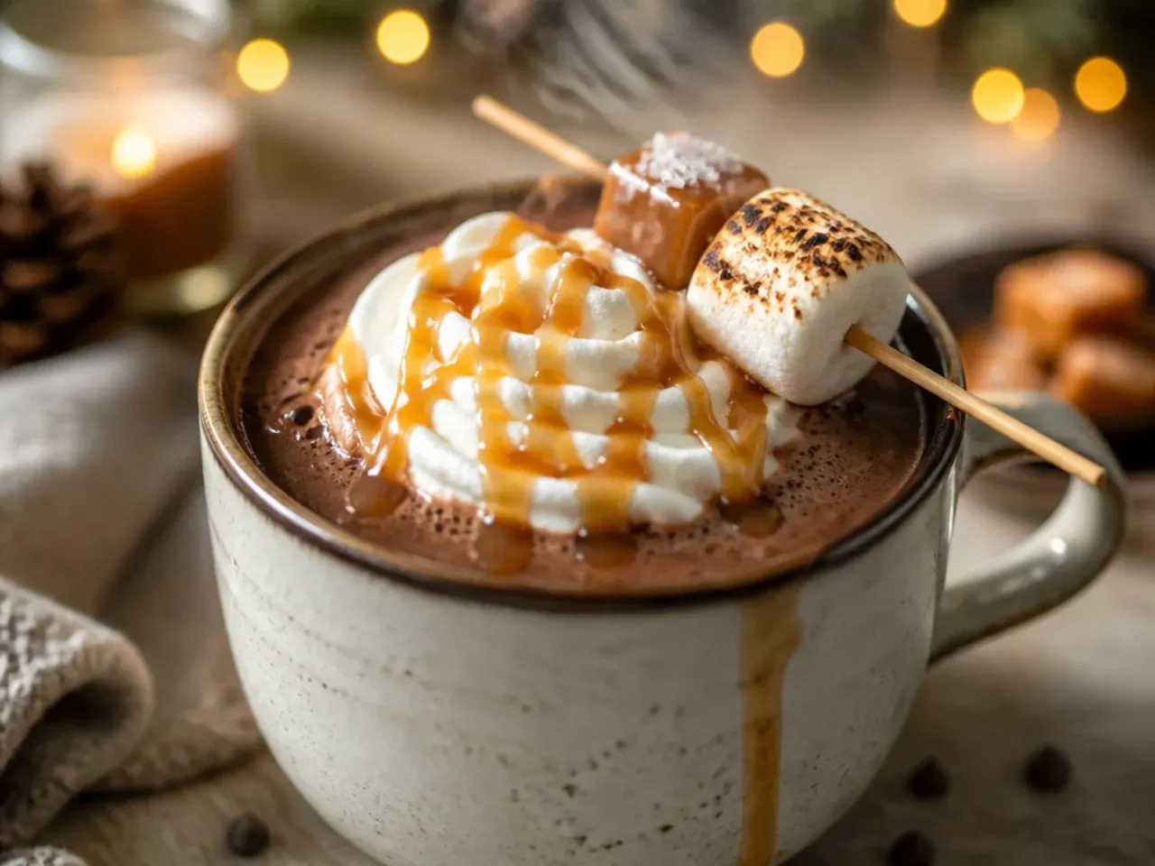 Mug of hot chocolate drizzled with salted caramel sauce and topped with whipped cream and a pinch of sea salt