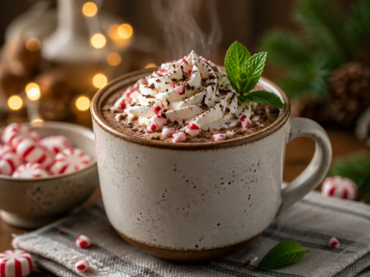 Mug of peppermint mocha hot chocolate topped with cream and crushed candy cane pieces
