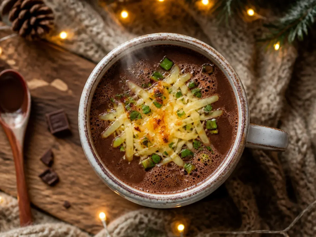 Simple mug of hot chocolate made with cocoa powder next to a tin of cocoa and a jug of milk